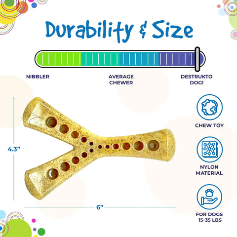 Infographic of SodaPup MOD Wishbone EChew, a yellow X-shaped nylon dog chew toy for 15–35 lb dogs. Ultra durable for aggressive chewers; durability bar nears Destrukto Dog! Measures 6 x 4.3 inches.