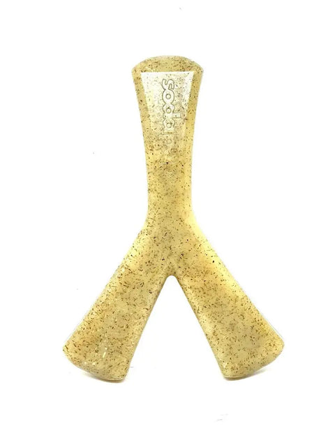 The MOD Wishbone EChew Ultra Durable Nylon Dog Chew Toy by SodaPup is a beige, speckled, Y-shaped toy for aggressive chewers, with smooth edges, a textured surface, treat dispensing features, and the SodaPup logo embossed at the top center.