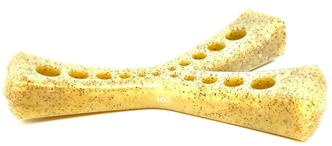 Two MOD Wishbone EChew Ultra Durable Nylon Dog Chew Toys by SodaPup, beige and bone-shaped with small holes on top, crossed on a white background—ideal for aggressive chewers.