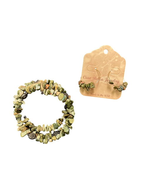 Unakite Gemstone Wrap Bracelet And Hoop Earrings Set – Unique Statement Jewelry | Made In USA Michelle Marie Boutique  Bracelet Set