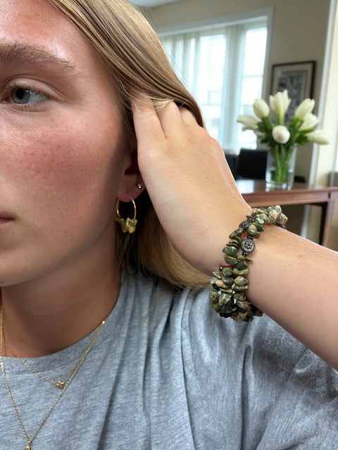 Unakite Gemstone Wrap Bracelet And Hoop Earrings Set – Unique Statement Jewelry | Made In USA Michelle Marie Boutique  Bracelet Set