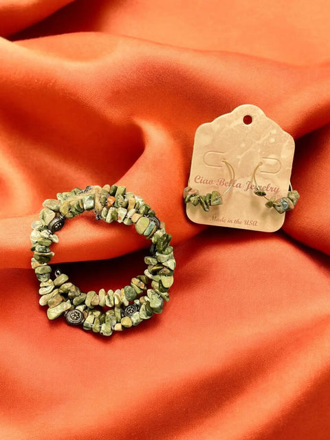 Unakite Gemstone Wrap Bracelet And Hoop Earrings Set – Unique Statement Jewelry | Made In USA Michelle Marie Boutique  Bracelet Set