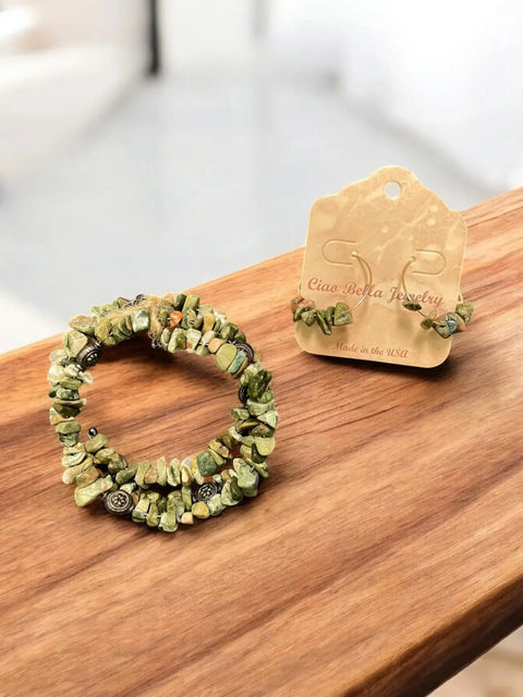 Unakite Gemstone Wrap Bracelet And Hoop Earrings Set – Unique Statement Jewelry | Made In USA Michelle Marie Boutique  Bracelet Set