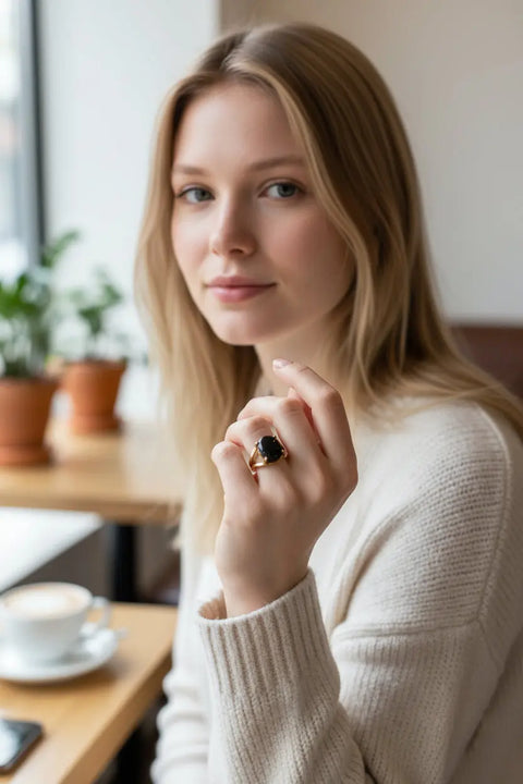 Unique 10k Gold-Plated Sterling Silver Black Onyx Statement Ring 8x6.8mm Oval Gemstone Size 5.5 – Handmade | Made in USA Michelle Marie Boutique  Rings
