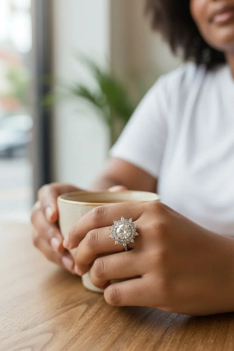 Unique 10mm Crystal Cocktail Ring – Adjustable Silver Starburst Design | American Made Jewelry Michelle Marie Boutique  Rings