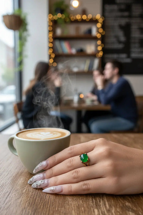 Unique 8x6.8mm Oval Green Jade Ring – 10k Gold-Plated Sterling Silver Size 5.5 | Handmade Jewelry Made in USA Michelle Marie Boutique  Rings