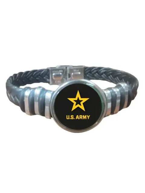 Unisex Black Braided Leather Army Bracelet – Stainless Steel Accents – Adjustable Wristband | Made in USA Gift Boxed Michelle Marie Boutique  Bracelets