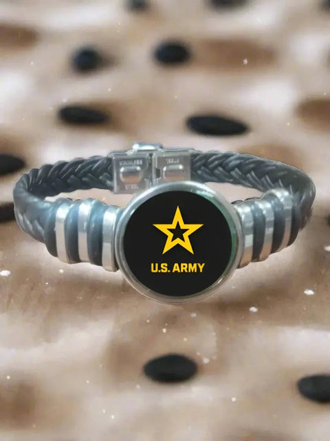Unisex Black Braided Leather Army Bracelet – Stainless Steel Accents – Adjustable Wristband | Made in USA Gift Boxed Michelle Marie Boutique  Bracelets