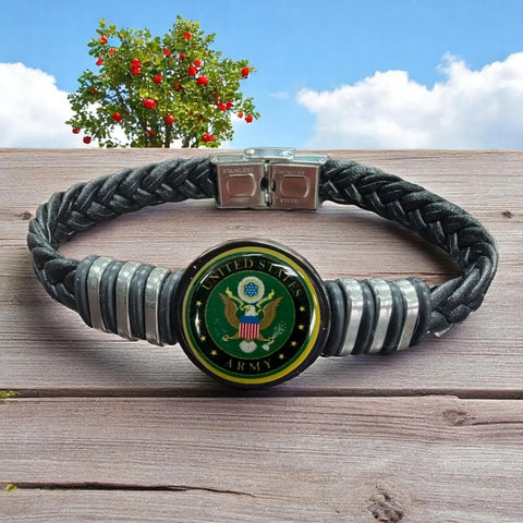 Unisex Black Braided Leather Army Bracelet – Stainless Steel Accents – Adjustable Wristband | Made in USA Gift Boxed Michelle Marie Boutique  Bracelets