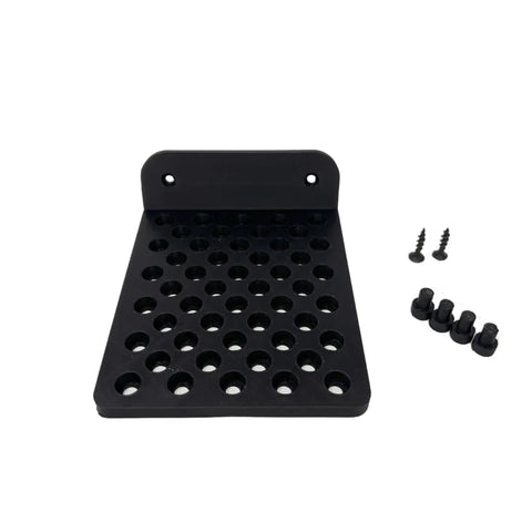 The Chatelet Manufacturing Universal Wall Display (3-Pack) is a black, perforated side-profile wall mount for LEGO Technic racecars; includes screws and anchors for mounting. Made in USA. Shown on a white background.
