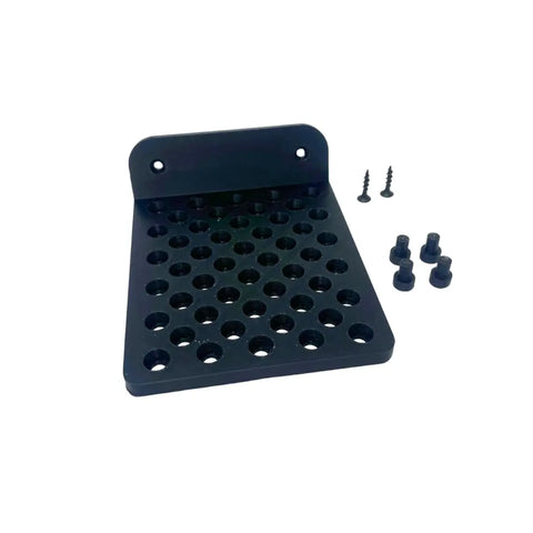 The Chatelet Manufacturing Universal Wall Display, compatible with LEGO Technic Racecars, is a black plastic wall mount with two screw holes, shown with screws and plug caps—ideal for side-profile Technic car displays. Made in USA.