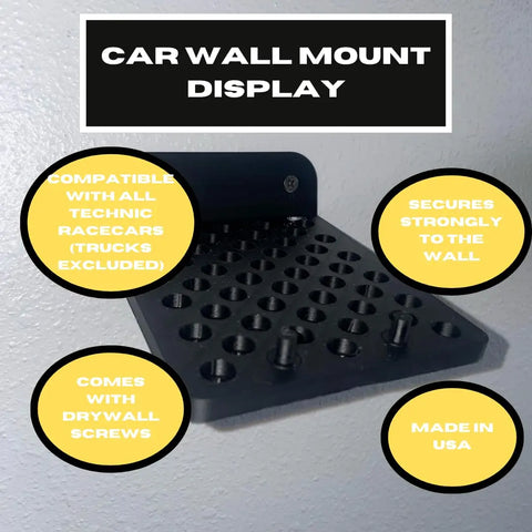 The Chatelet Manufacturing Universal Wall Display for LEGO Technic racecars securely mounts to most walls, includes drywall screws, highlights key features with yellow circles, and is proudly made in the USA.