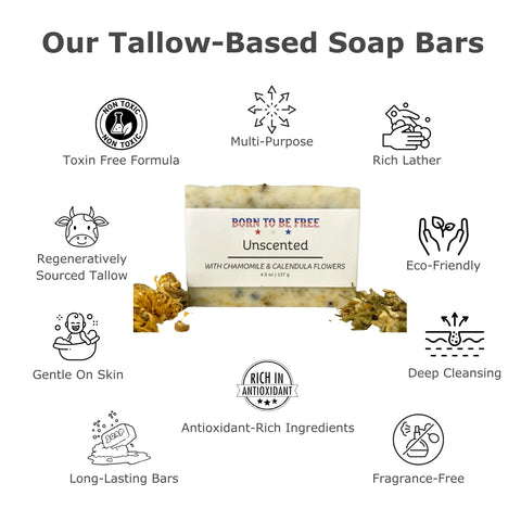 Unscented Chamomile Calendula Tallow Soap Bar 4.5 oz – Sensitive Skin Care – Born To Be Free | Made in USA Born to be Free  Soap