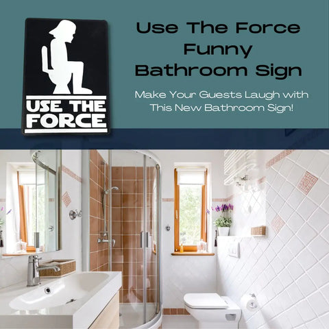 The Chatelet Manufacturing Use the Force Bathroom Sign, a black and white funny bathroom sign, is perfect wall art or a gag gift for Star Wars fans and looks great in any modern bathroom.