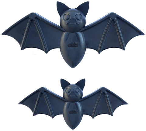 Two identical SodaPup Vampire Bat Ultra Durable Nylon Dog Chew Toys for Aggressive Chewers in black, each featuring outstretched wings and large eyes—a fun, tough toy shown side by side on a white background.