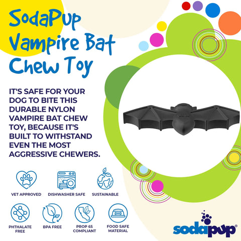 Image of the Vampire Bat Ultra Durable Nylon Dog Chew Toy for Aggressive Chewers by SodaPup in black. Text highlights its safety for power chewers. Icons show its vet approved, dishwasher safe, sustainable, and free from BPA/phthalates.