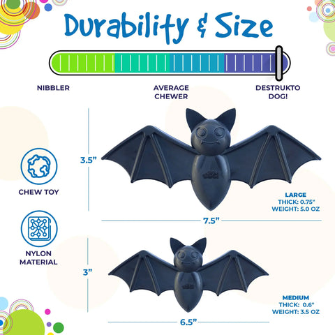 Infographic featuring the SodaPup Vampire Bat Ultra Durable Nylon Dog Chew Toy in black for aggressive chewers. Available in large (7.5) and medium (6.5), with weight, thickness, and a Nibbler-to-Destrukto Dog durability scale shown.