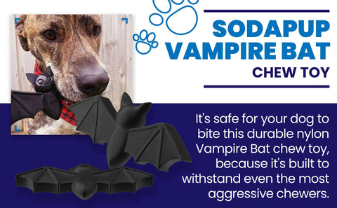 A brown dog holds a black bat-shaped toy in its mouth. Text: SodaPup Vampire Bat Ultra Durable Nylon Dog Chew Toy for Aggressive Chewers—built tough and safe for power chewers to enjoy.