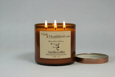 Vanilla Coffee-Soy 3-Wick Blown Glass Collection MorninWood Candles  3 Wick Candle