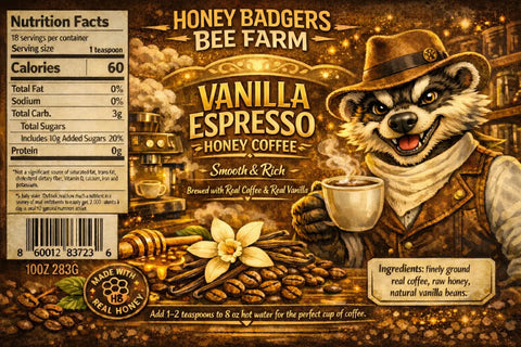 Vanilla Espresso Honey Coffee Blend – Rich Instant Brew with Real Tahitian Vanilla | Made in USA Honey Badgers Bee Farm  All Natural Coffee