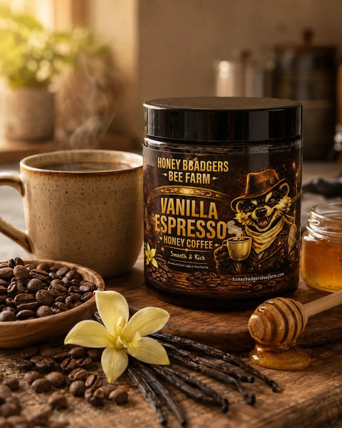 Vanilla Espresso Honey Coffee Blend – Rich Instant Brew with Real Tahitian Vanilla | Made in USA Honey Badgers Bee Farm  All Natural Coffee
