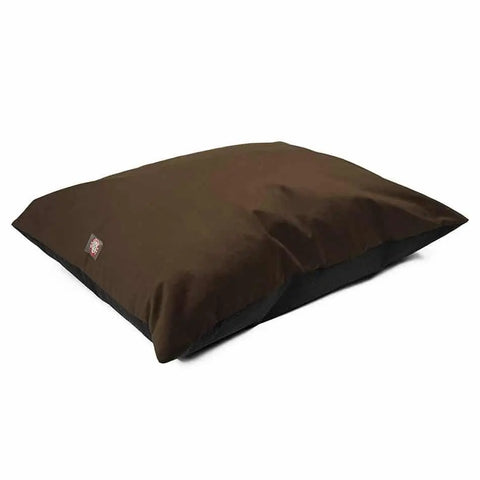 The Majestic Pet Velvet Super Value Dog Bed, large and rectangular with a brown top, black sides, and a durable design, features a small fabric tag on one corner. It is shown against a white background.
