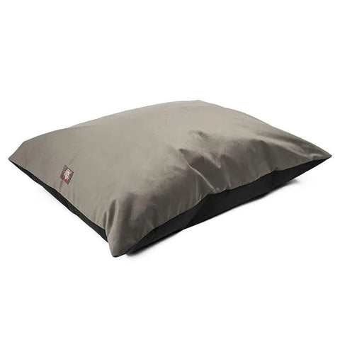 The Majestic Pet Velvet Super Value Dog Bed is a large, rectangular pet bed with a smooth light gray top, black base, and a red and white logo tag. Durable and comfy, it’s designed for lasting comfort.