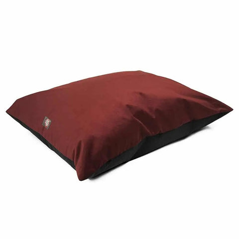 The Majestic Pet Velvet Super Value Dog Bed is rectangular with a maroon top, black sides, and a small fabric label on the corner. This durable dog bed is shown against a white background.
