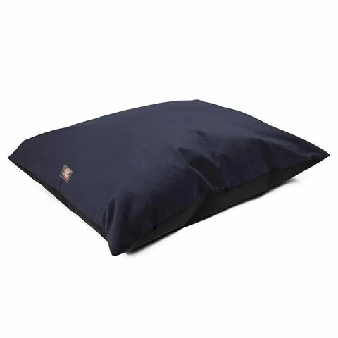 A rectangular, navy blue Velvet Super Value Dog Bed by Majestic Pet features a small logo tag on one corner. Set against a white background, this durable bed offers lasting comfort for your pet.
