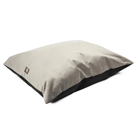 A large, rectangular beige Velvet Super Value Dog Bed by Majestic Pet with a soft fabric cover and a small side tag, shown on a white background.