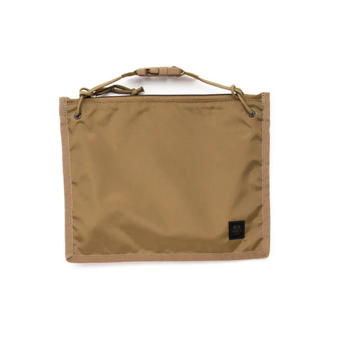 The MIS 2 Way Pouch in Coyote Brown is a tan, rectangular, water-resistant pouch with a top zipper, small handle, and black label in the corner—perfect as a tablet clutch—shown against a white background.