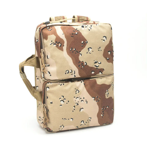The MIS 3 Way Brief Bag in Chocochip Desert Camo features a rectangular Cordura Nylon design with two zippered front pockets, tan handles and straps, shown on a white background.