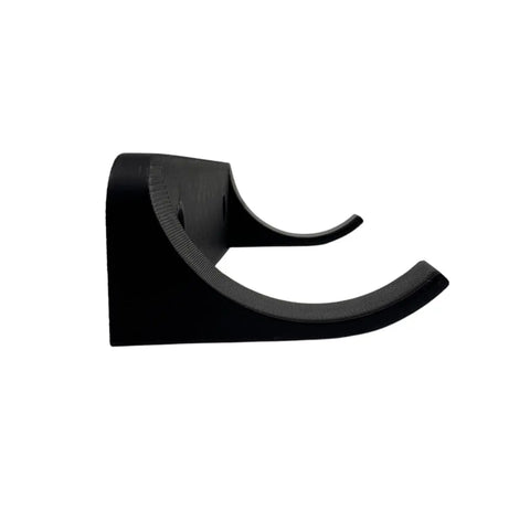 Side view of the Vertical Collectible Car Wall Display Mount by Chatelet Manufacturing, a black, wall-mounted bracket with a matte finish, designed to securely display Lego Technic Series Racecars. Made in the USA.