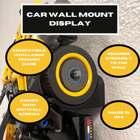 Close-up of Chatelet Manufacturing’s Vertical Collectible Car Wall Display Mount for Lego Technic Series Racecars, showcasing four features: compatible with large Technic cars, strong wall mounting, included drywall screws, Made in USA.