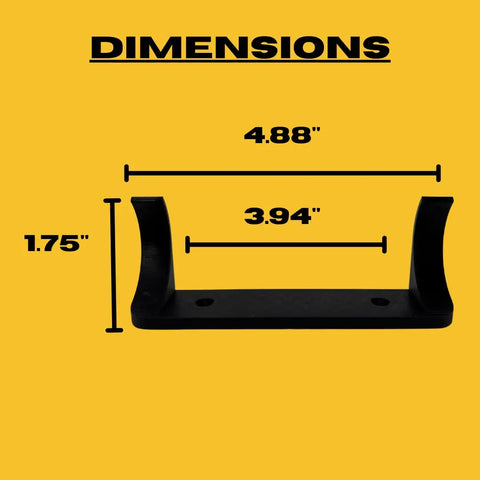 The Vertical Collectible Car Wall Display Mount by Chatelet Manufacturing, made in the USA for Lego Technic Series racecars, is black with DIMENSIONS atop a yellow background: 4.88 wide, 3.94 between hooks, 1.75 tall.