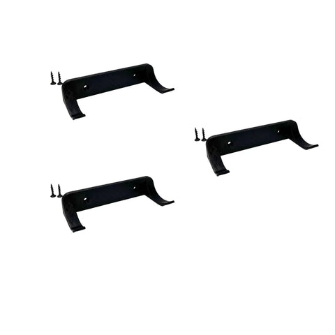 Three black Chatelet Manufacturing wall hooks, compatible with the Vertical Collectible Car Wall Display Mount for Lego Technic Series racecars by Wheels on Wall, each with two mounting holes and screws, are arranged diagonally on a white background.