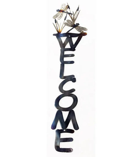 Vertical Dragonfly Welcome Sign – Handmade Metal Wall Art | Made in USA Rustic Entryway Decor Knights Home Decor  item