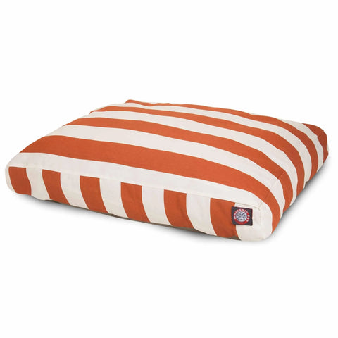 The Majestic Pet Vertical Stripe Rectangle Dog Bed features bold vertical orange and white stripes, a small black logo tag in one corner, and a washable cover, displayed against a plain white background.