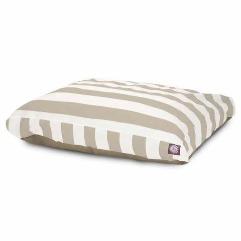 The Majestic Pet Vertical Stripe Rectangle Dog Bed features beige and white stripes, a washable cover for easy cleaning, and a small tag on one corner. The bed is shown lying flat on a white background.