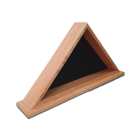 The Legacies of America Woodworking Company Oak Burial Flag Display Case fits a 5x9.5 flag, features a glass front and black background, and is crafted by veterans in the USA to honorably showcase and protect your flag.