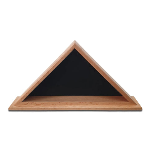 The Legacies of America Woodworking Company Oak Burial Flag Display Case (for 5 x 9.5 flags) features a wooden triangular design, black back panel, and flat rectangular base, shown here against a white background.