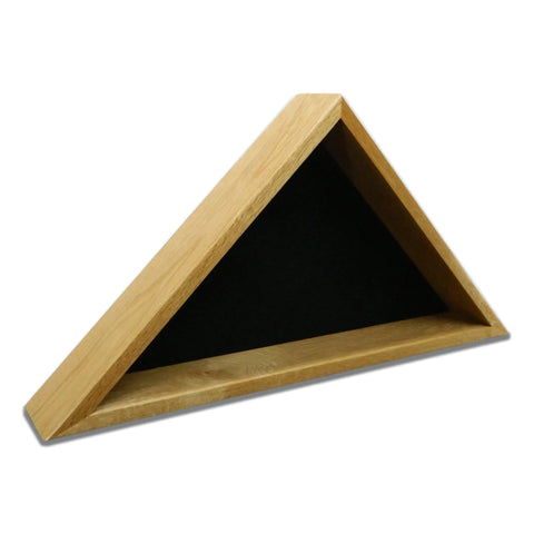 The Legacies of America Oak Burial Flag Display Case (5 x 9.5 Flag) features a triangular oak hardwood design with a natural finish, black back panel, and modern lines. Made in the USA by Legacies of America Woodworking Company.