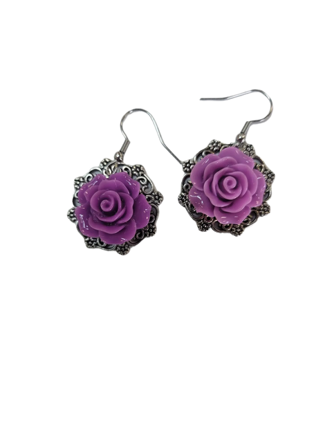 Victorian Style Purple Rose Dangle Earrings – Silver Filigree Detail | Made in USA Michelle Marie Boutique  Earrings
