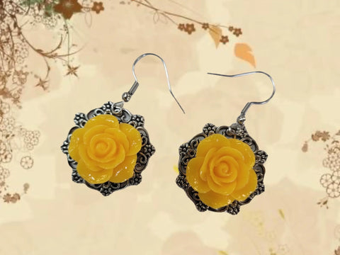 Victorian Style Purple Rose Dangle Earrings – Silver Filigree Detail | Made in USA Michelle Marie Boutique  Earrings