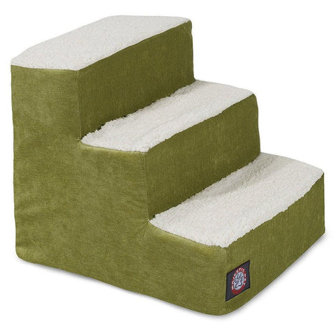 The Majestic Pet Villa 3 Step Pet Stairs (Heavy Duty) feature green sides, white textured treads, and a small paw print patch on the lower right, making it easy for small or elderly pets to reach higher surfaces.