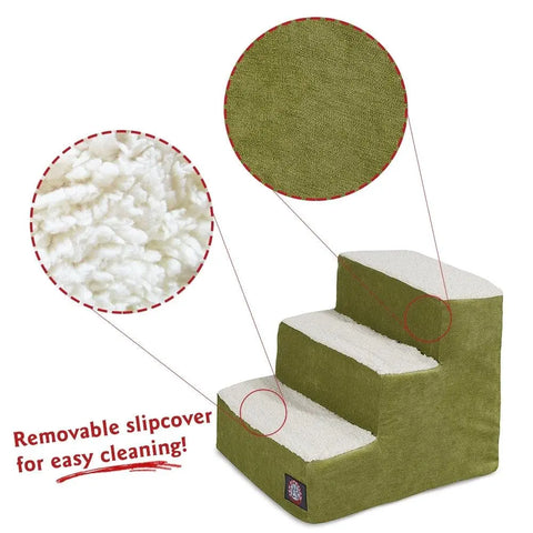 Majestic Pet Villa 3 Step Pet Stairs (Heavy Duty) feature a green exterior, white fluffy steps, and removable slipcover for easy cleaning. Close-ups show the soft, textured surface—perfect stairs for dogs and cats!.