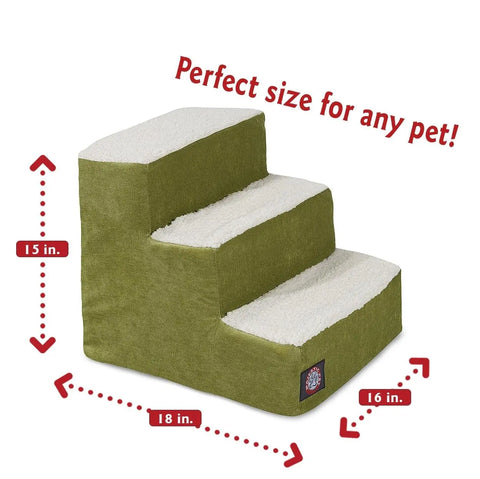 Majestic Pet Villa 3 Step Pet Stairs (Heavy Duty), green with white carpeted treads, measures 15H x 18D x 16W. Perfect size for any pet—ideal dog & cat stairs for easy access. Measurement arrows and text highlighted above.