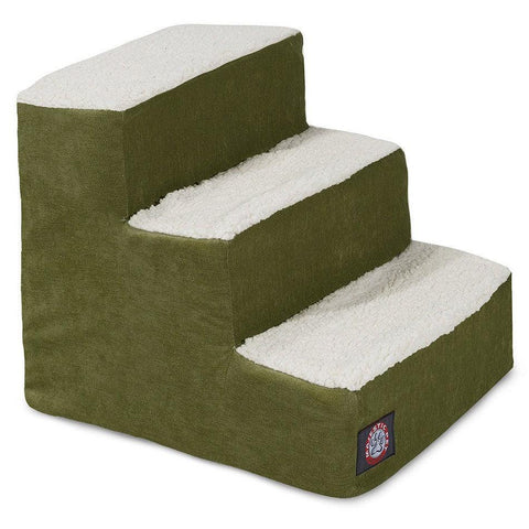 The Majestic Pet Villa 3 Step Pet Stairs (Heavy Duty) features olive green sides and white textured steps, offering sturdy support to help dogs and cats easily reach higher surfaces.
