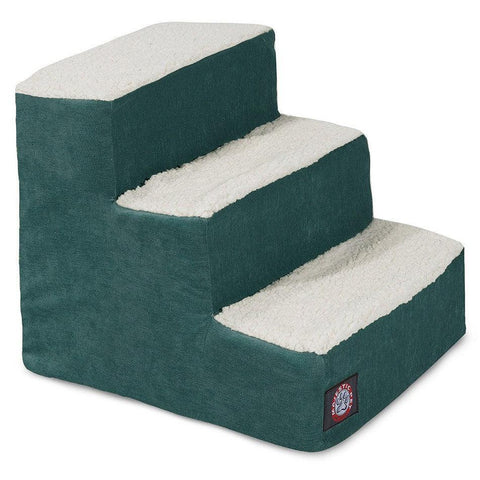 Majestic Pet’s Villa 3 Step Pet Stairs (Heavy Duty) has green sides and white, textured treads with a soft plush cover—ideal for helping pets reach higher surfaces. Features a small logo patch on the bottom step.