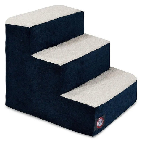 The Majestic Pet Villa 3 Step Pet Stairs (Heavy Duty) features dark blue sides and soft, white textured steps, designed to help pets comfortably reach higher surfaces.